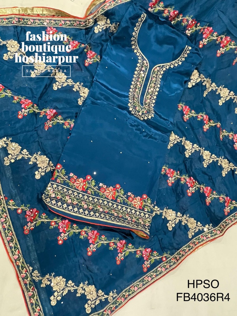 BLUE PARTY WEAR THREAD AND MIRROR WORKED SILK SUIT