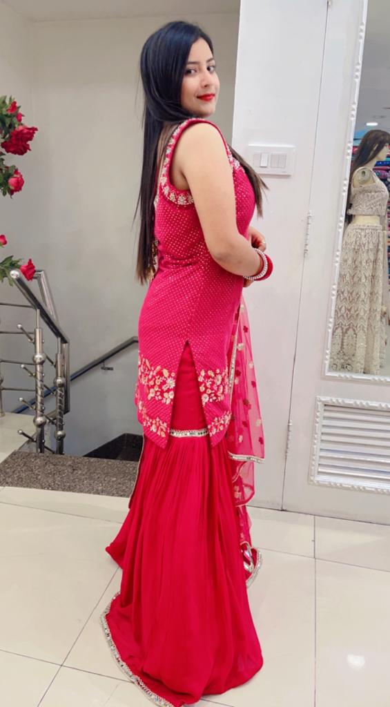 HOT PINK SHARARA WITH LAKHNAVI SHIRT AND NET DUPATTA