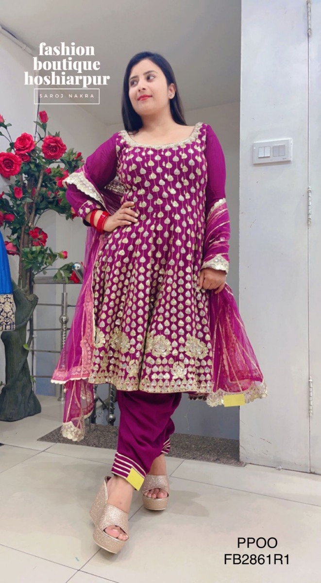 PURPLE GEORGETTE ANARKALI SEQUIN WORKED WITH DHOTTI SALWAR AND HEAVY NET DUPATTA