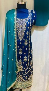 Pure silk elegant look  Peacock Dupatta and Navy Blue Party wear suit