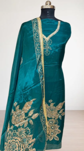 Organza Fabric  and a Beautiful Peacock Colour Party Wear suit