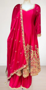 Fabric Chinnon Attractive Hot Pink  Readymade Frock with  Palazzo
