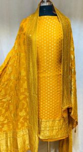 Attractive yellow  Mustard colour Pure Banarsi Fabric Full Embroidered Hand Work Suit