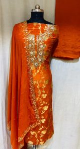 Fabric Banarsi Silk  Rust Colour and  mirror work Party Wear Suit