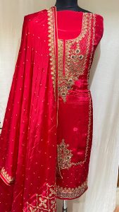 Crape Fabric  Red Colour Handwork Lovely Party Wear Suit
