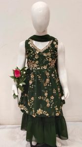 Georgette Fabric Bottle Green Readymade  Frock with sharrara suit Thread with Sippi work