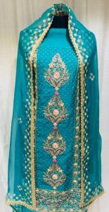 Firozi Colour  Organza Fabric  Hand Work Party WearSuit