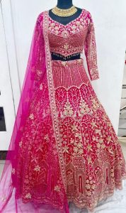 Hot Pink  Net Fabric Party wear Hand work Lehenga