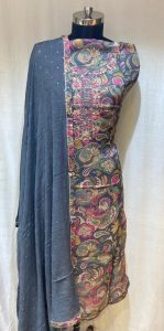 Organza Fabric Printed Work Grey Colour Designer Suit