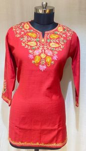 Woolen Fabric Thread Work Readymade Peach Colour Kurta