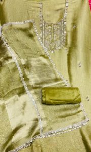 Shimmer Fabric Mehandi Colour Handwork Party Wear Suit