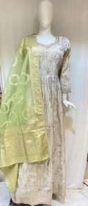 Shimmer Fabric Handwork Golden Colour Readymade Long Dress