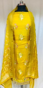 Organza  Fabric yellow colour Party wear suit