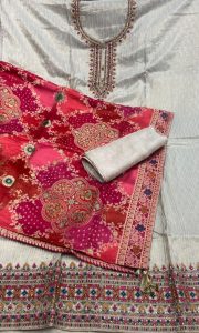 Shimmer Fabric Red Golden Colour Thread Work Designer Suit