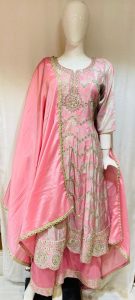 Chinnon Fabric Pink Colour Readymade Frock With Plazzo Suit