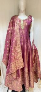 Shimmer Banarasi  Fabric Onion Wine Colour Readymade Anarkali With Plazzo