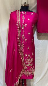 Crape  Fabric Hot Pink Handwork Party Wear Suit