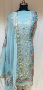 Organza Fabric Sky Colour Party Wear Suit