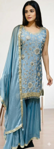 Chinnon Fabric Powder Blue  Readymade Sharara Suit