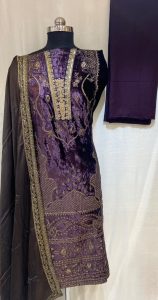 Purple Colour Unstitched  Velvet  Fabric Suit