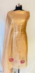 Shimmer Fabric Peach Golden Colour Party wear suit