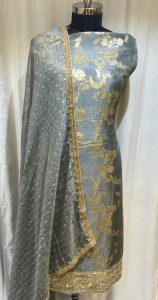 Banarasi Fabric Grey Colour Attractive Party Wear Suit