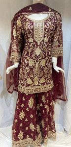 Net Fabric Attractive Mehroon Colour Readymade Party wear Plazzo Suit