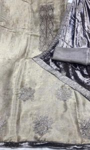 Shimmer Velvet Fabric  Grey Golden Colour Party Wear Suit