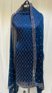 Swarovski Work  chinon Fabric Navy blue Party Wear Suit