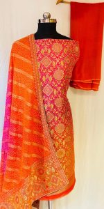 Contrast Orange Banarsi Shimmer Party wear suit