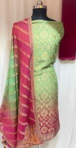 Fabric Banarasi Chinon Lovely Contrast Green Pink Colour