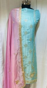 Shimmer Fabric Firozi Colour Handwork Party Wear Suit