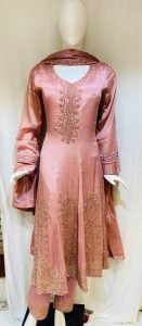 Chinon Fabric Handwork Pink Onion Colour Readymade Anarkali Frock With Pant