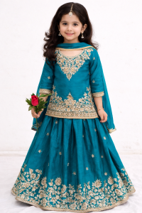 Chinnon Fabric Peacock Colour Beatiful Lengha with short kurti