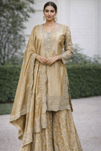 Chinnon Fabric Golden Colour Lovely  Readymade Plazzo Suit