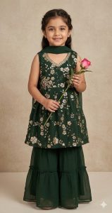 Georgette Fabric Bottle Green Readymade  Frock with sharrara suit Thread with Sippi work