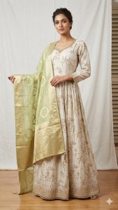 Shimmer Fabric Handwork Golden Colour Readymade Long Dress