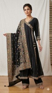 Chinon Fabric Thread Work Black Colour Readymade Anarkali  Frock