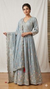 Shimmer Fabric Grey Colour Handwork Readymade  Party Wear Dress