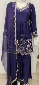 Silk Fabric Thread Work Navy Blue Colour Customize Sharara Suit