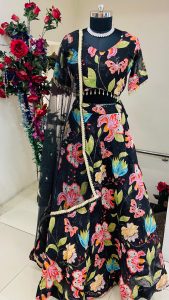 Chinon Fabric Printed Black Colour Readymade Lehenga