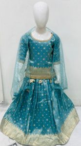 Banarasi Fabric Firozi Colour Readymade Short Kurti With Lehenga