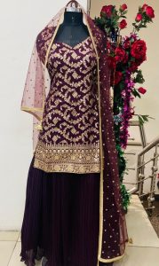 Banarasi Silk Fabric Wine Colour  Short Kurti With Lehenga