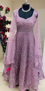 Net Fabric Lavender Colour Mirror Work Readymade Long Dress