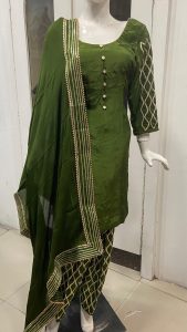 Silk Fabric Mehandi colour Customized salwar suit