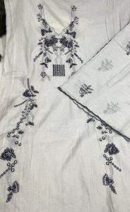 Cotton Fabric Grey Colour Thread Work Designer Suit