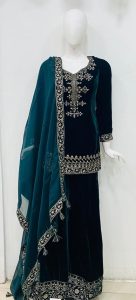 Velvet Fabric Green colour Readymade palazo suit