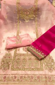 Shimmer Fabric pink colour Handwork desiner suit