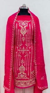 Organza Fabric Hot Pink Colour Handwork Party Wear Suit