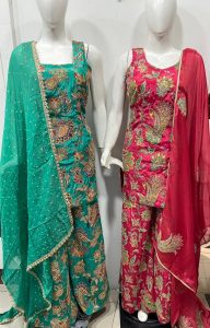 Fabric Chinon  C green and Red  Customize Plazzo Suit